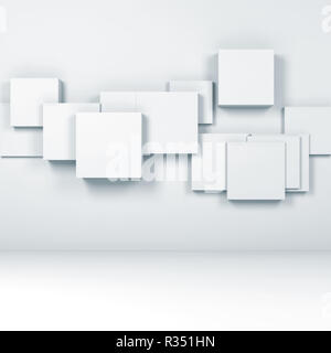 Abstract sfondo con installazione di piazze sulla parete anteriore del vuoto interno bianco, 3D Rendering immagine Foto Stock