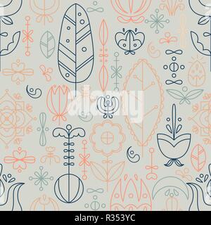 Vector seamless pattern in stile scandinavo. Line art. Fiori e scarabocchi. Illustrazione Vettoriale