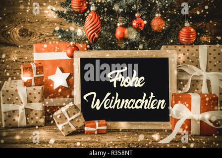 Albero, doni, Calligrafia Frohe Weihnachten significa Buon Natale Foto Stock
