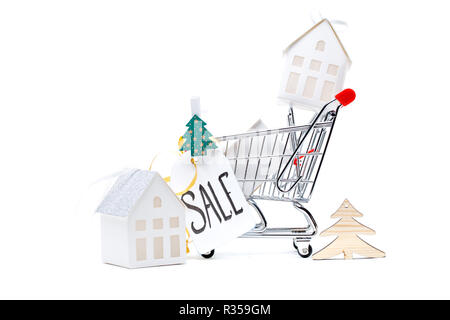 Immagine del carrello in ferro, albero di Natale, con scheda di iscrizione Foto Stock