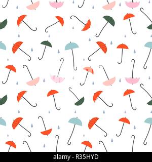 Ombrelloni - seamless pattern. Piccoli ombrelloni colorati, le gocce di pioggia. Disegno in stile retrò. Sfondo o tessitura di carta tissue, ecc. Illustrazione Vettoriale