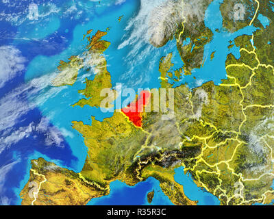 Unione Benelux dallo spazio sul modello del pianeta Terra con i confini. Dettagli estremamente fini del pianeta superficie e nuvole. 3D'illustrazione. Elementi Foto Stock