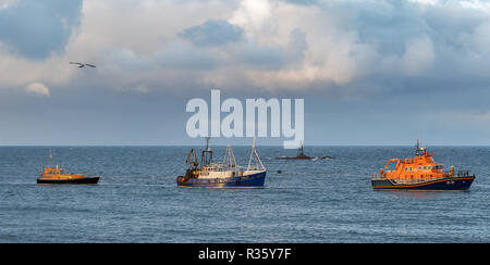 Questa è la base di Buckie barca da pesca, Ranger OB29 trainato indietro nel porto di Buckie martedì 20 novembre 2018 dall'Buckie scialuppa di salvataggio. Foto Stock