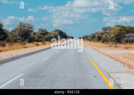 Strada infinita in Namibia, Caprivi strip Game Park, con cielo blu Foto Stock