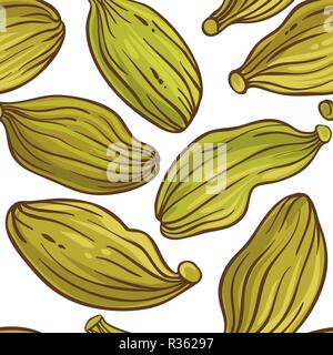 Semi di cardamomo vector pattern su sfondo bianco Illustrazione Vettoriale