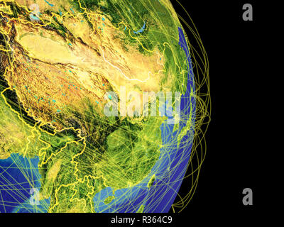 Asia orientale sulla terra con traiettorie che rappresenta la comunicazione internazionale, viaggi, collegamenti. 3D'illustrazione. Gli elementi di questa immagine arredate Foto Stock