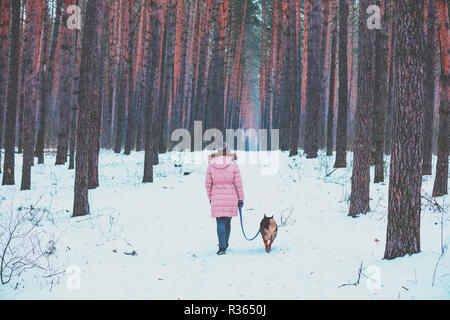 Giovane donna con il cane passeggiate nella neve pineta in inverno Foto Stock