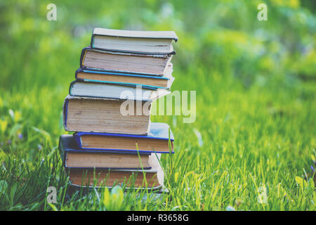 La pila di libri all'aperto su erba verde in primavera Foto Stock