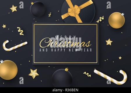 Natale biglietto di auguri. Oro nero e sfere. Confezione regalo con nastro adesivo. Coriandoli a serpentina. Golden Stars e lollipop. Giocattoli sulla scheda. Festive Illustrazione Vettoriale
