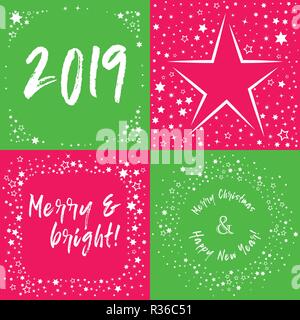 Buon Natale scritta a mano biglietti di auguri set. Vettore tipografici sfondo. Script fatti a mano con pennello asciutto. Illustrazione Vettoriale