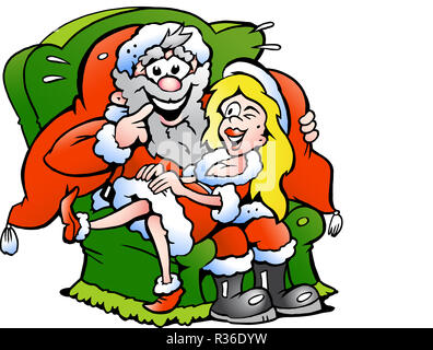 Disegnate a mano illustrazione vettoriale di un Babbo Natale seduto con una bella ragazza di Natale Foto Stock