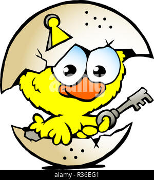 Disegnate a mano illustrazione vettoriale di un simpatico baby chicken seduta nel guscio d'uovo Foto Stock