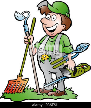 Disegnate a mano illustrazione vettoriale di un giardiniere felice in piedi con il suo attrezzo da giardino Foto Stock