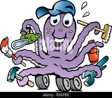 Disegnate a mano illustrazione vettoriale di una felice occupato Octopus tuttofare Foto Stock