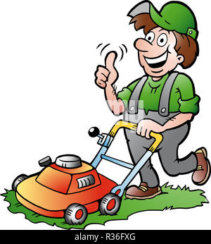 Disegnate a mano illustrazione vettoriale di un giardiniere felice con il suo tosaerba Foto Stock