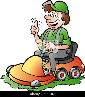 Disegnate a mano illustrazione vettoriale di un giardiniere felice in sella alla sua tosaerba Foto Stock