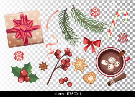 Natale icone set, tradizionali decorazioni-confezione regalo con fiocco,candy cane,il cacao con marshmallows e cannella,ramo di abete e pan di zenzero, nastro rosso vischio, fiocchi di neve. Illustrazione Vettoriale. Illustrazione Vettoriale