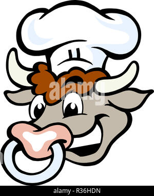 Disegnate a mano illustrazione vettoriale di una felice Bull Chef capo Foto Stock