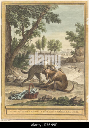 Le chien qui porte un figlio cou le diner de son maitre (il cane che porta il suo Master cena). Data: pubblicato 1756. Medium: colorata a mano in attacco. Museo: National Gallery of Art di Washington DC. Autore: Martin Marvie dopo Jean-Baptiste Oudry. Foto Stock