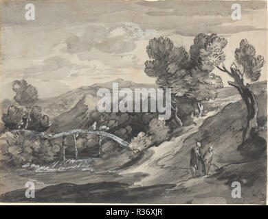 Altopiano boscoso paesaggio con un ponte. Data: c. 1780. Dimensioni: complessiva (approssimativo): 28,4 x 36,8 cm (11 3/16 x 14 1/2 in.). Medium: nero e bianco gesso con il grigio e il nero lavare intensificato con bianco su cui la carta. Museo: National Gallery of Art di Washington DC. Autore: Thomas Gaunsborough. Foto Stock