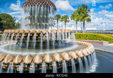 Lunga esposizione della famosa Fontana di ananas in Waterfront Park a Charleston, Sc Foto Stock