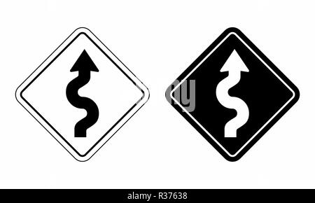 Illustrazione del cartello stradale che indica una strada tortuosa Illustrazione Vettoriale