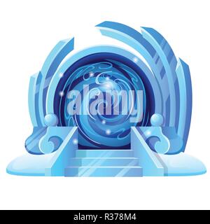 Portale aperto con portico gelido e frizzante ghiaccio telaio isolato su sfondo bianco. Campione di poster, invito alla festa, biglietto di auguri. Vector cartoon close-up illustrazione. Illustrazione Vettoriale