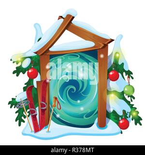 Aperto portale con cornice in legno decorata con Natale e Anno Nuovo baubles isolati su sfondo bianco. Campione di poster, invito alla festa, biglietto di auguri. Vector cartoon close-up illustrazione. Illustrazione Vettoriale