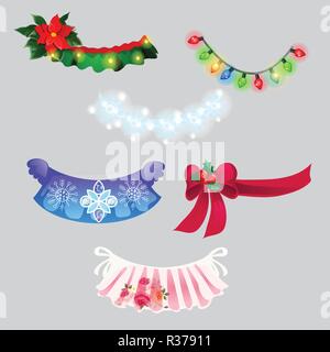 Una serie di decorazioni in forma di ghirlande di Natale e collane isolato su sfondo grigio. Vector cartoon close-up illustrazione. Illustrazione Vettoriale