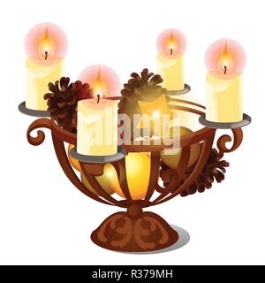 Schizzo di Natale con candele accese in ferro portacandele con festosa decorazioni naturali e stella brillante isolati su sfondo bianco. Vector cartoon close-up illustrazione. Illustrazione Vettoriale