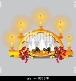 Schizzo di Natale con candele accese in golden portacandele con decorazioni di festa e baubles in stile orientale isolati su sfondo grigio. Vector cartoon close-up illustrazione. Illustrazione Vettoriale