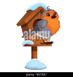 Grazioso uccello si siede in un ceppo di legno birdhouse isolato su uno sfondo bianco. Inverno case sono creati per la fauna selvatica. Vector cartoon close-up illustrazione. Illustrazione Vettoriale