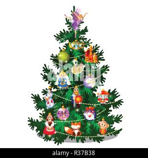 Schizzo con grazioso albero di Natale. Nuovo anno doni, classici addobbi natalizi e baubles. Campione di poster, invito e altra carta. Vector cartoon close-up illustrazione. Illustrazione Vettoriale