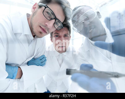 Close up.un gruppo di scienziati discutono i risultati dell'EXP Foto Stock