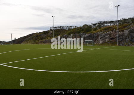 Norwegen, Lofoten, Svolvaer, Henningsvaer, Heimøy, Hellandsøya, Fußballplatz, Fußball, Sport, Tor, Fußballtor, Markierung, Rasun, Kunstrasen, Feld Foto Stock