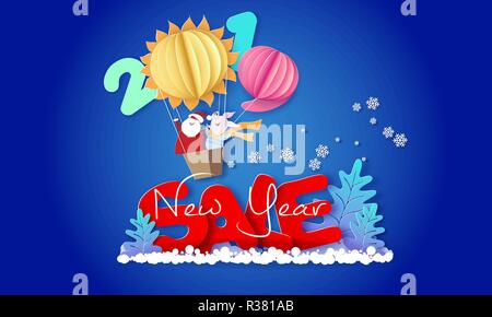 Anno nuovo design della pubblicità. Babbo Natale e il maiale volare con Air palloncini sagomati 2019 su grandi lettere di vendita. Vettore di taglio della carta tecnica illustrazione per la promozione banner, poster, adesivi ed etichette Illustrazione Vettoriale