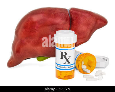 Fegato e farmaci concetto. Il fegato umano con bottiglie di medici e pillole, rendering 3D Foto Stock