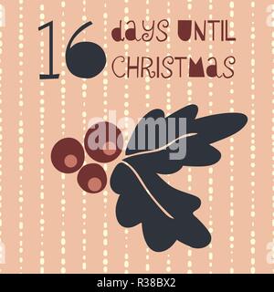 16 giorni fino a Natale illustrazione vettoriale. Natale alla rovescia sedici giorni til Santa. Vintage stile scandinavo. Disegnata a mano vischio. Set di vacanze Illustrazione Vettoriale
