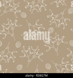 Elegante disegnato a mano senza giunture di Natale pattern con il vischio e poco pigne. Inverno vintage design incisione. Golden illustrazione vettoriale sfondo. Illustrazione Vettoriale