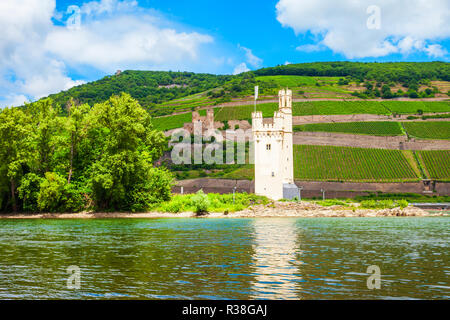 Torre del mouse o Binger Mauseturm è una torre su un'isola del fiume Reno vicino a Bingen am Rhein in Germania Foto Stock