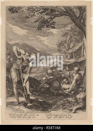 Adamo ed Eva funzionante. Data: 1604. Dimensioni: piastra: 27,7 x 19,8 cm (10 7/8 x 7 13/16 in.) foglio: 29,7 x 22 cm (11 11/16 x 8 11/16 in.). Medium: incisione su carta vergata. Museo: National Gallery of Art di Washington DC. Autore: Jan Pietersz Saenredam dopo Abramo Bloemaert. Foto Stock