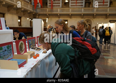 Copenhagen, Danimarca. Xxi Nov, 2018. La gente visita la mostra di eccezionale tradizione culturale cinese disegni e il solare 24 termini Creative Designs, a Copenaghen, Danimarca a nov. 21, 2018. La mostra ha dato dei calci a fuori qui il mercoledì. Credito: Hou Yankun/Xinhua/Alamy Live News Foto Stock