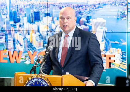 Deliberando Procuratore Generale Matteo Whitaker visto che parla al terrorismo Joint Task Force (JTTF) in New York City. Foto Stock