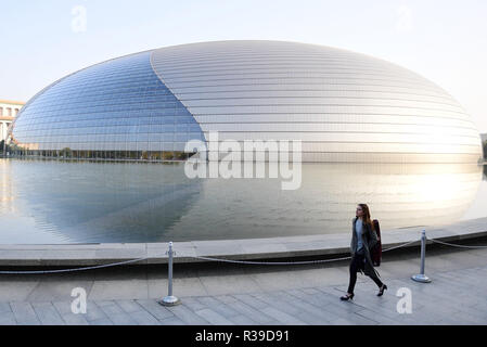 (181122) -- PECHINO, nov. 22, 2018 (Xinhua) -- Aleksandra Denga, dalla Polonia, passeggiate nei pressi del Centro Nazionale per le Arti dello spettacolo a Pechino Capitale della Cina, Ottobre 19, 2018. Dopo la laurea dall Accademia di Musica a Danzica nel 2014, Aleksandra è venuto in Cina per lavorare con Guiyang Symphony Orchestra come un violinista nel sud-ovest della Cina di Guizhou, tre anni più tardi dopo un breve soggiorno in Polonia, ha deciso di tornare in Cina, questa volta ha trovato un posto di lavoro nel Centro Nazionale per le Arti dello Spettacolo Orchestra. "All'inizio era una bella avventura spaventoso, perché è davvero d Foto Stock