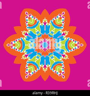 Kaleidoskop infantile a colori al neon mandala-star su sfondo viola Illustrazione Vettoriale