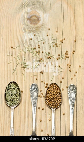 Il coriandolo e rosmarino spezie cucchiai d'argento su sfondo di legno Foto Stock