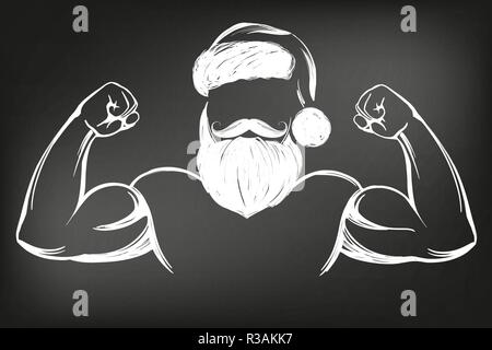 Babbo Natale uomo forte, sport, simbolo di Natale disegnati a mano illustrazione vettoriale Bozzetto disegnato in gesso su una lavagna nera Illustrazione Vettoriale
