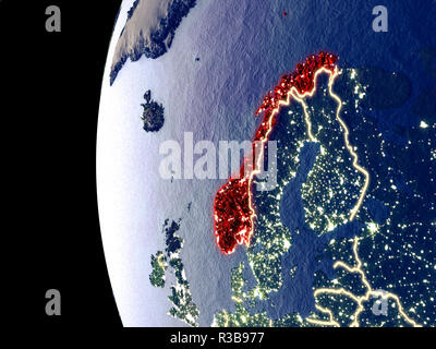 Vista notturna della Norvegia da spazio visibile con le luci della città. Plastica dettagliato pianeta superficie. 3D'illustrazione. Gli elementi di questa immagine fornita da n. Foto Stock
