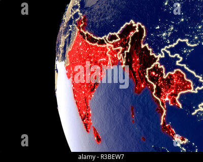 Vista notturna di BIMSTEC memeber membri dallo spazio con visibili luci della citta'. Plastica dettagliato pianeta superficie. 3D'illustrazione. Gli elementi di questo imag Foto Stock