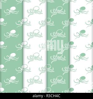 Set di 4 vector seamless pattern con polipi. Abitanti del mare. Animali sotto l'acqua. Design per imballaggio, tessuto, sfondo marino, stampa. Illustrazione Vettoriale
